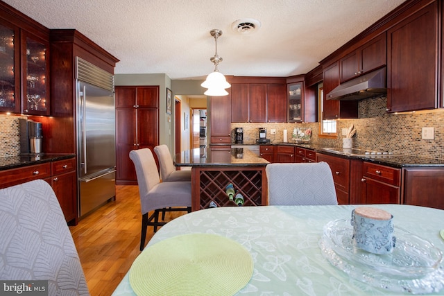 kitchen with light wood-type flooring, under cabinet range hood, stainless steel built in fridge, and dark brown cabinets