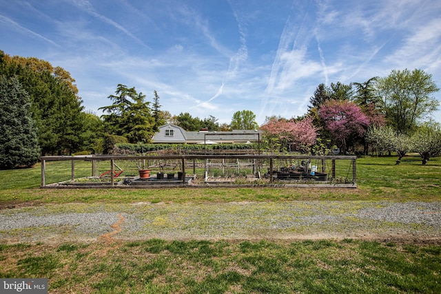 view of property's community with a yard and a vegetable garden