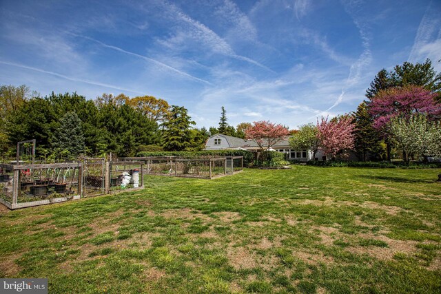 view of yard featuring fence and a garden
