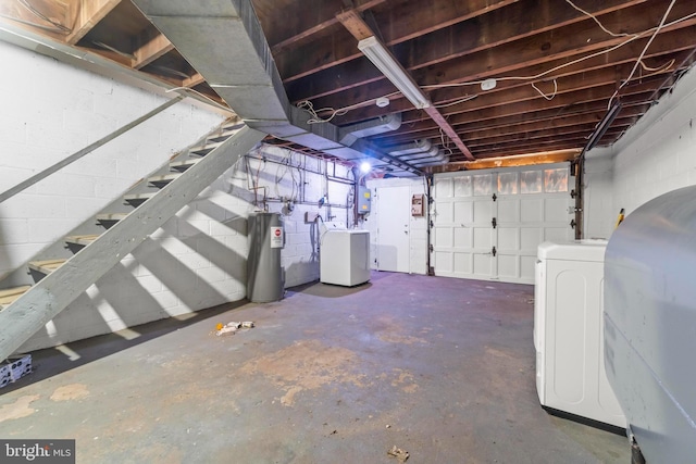 96 Budd Ave, Pemberton, NJ 08068 - unfinished basement with water heater, washer / dryer, concrete block wall, and electric panel
