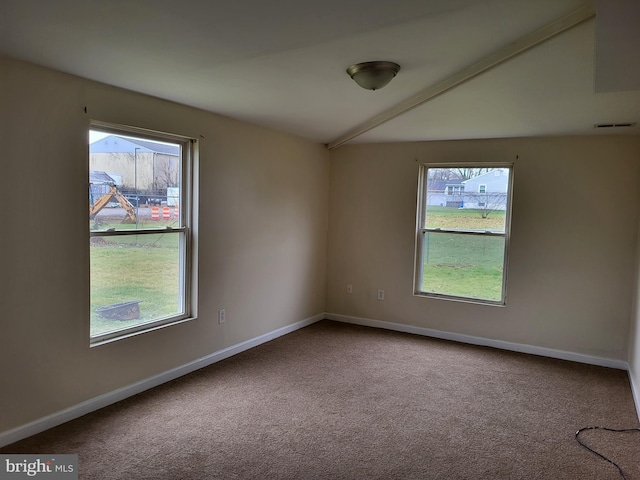 empty room featuring carpet, visible vents, and baseboards