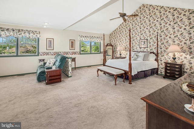 bedroom featuring ceiling fan, baseboards, lofted ceiling, carpet flooring, and wallpapered walls