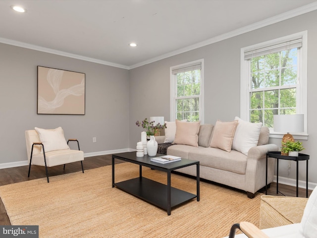 living room with crown molding, wood finished floors, and baseboards