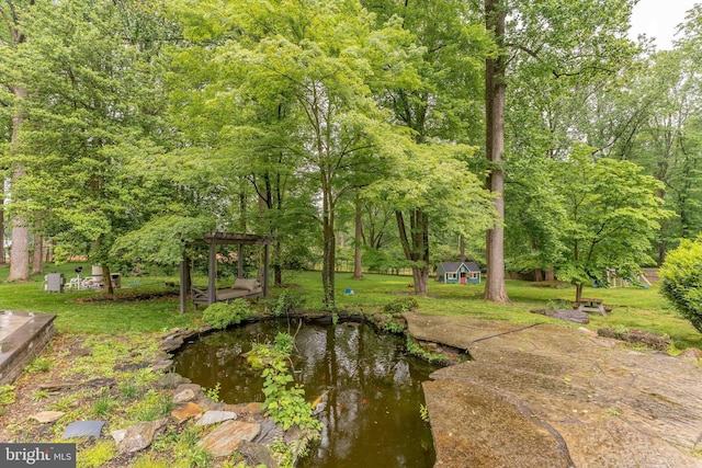 view of grassy yard featuring a garden pond