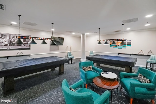 rec room featuring visible vents, recessed lighting, ornate columns, billiards, and carpet floors