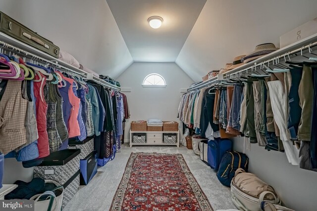 walk in closet featuring carpet flooring and lofted ceiling