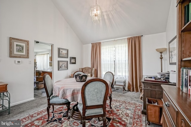 dining space featuring baseboards, high vaulted ceiling, carpet, and plenty of natural light