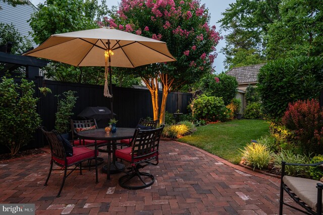 view of patio / terrace with a fenced backyard, outdoor dining area, and grilling area