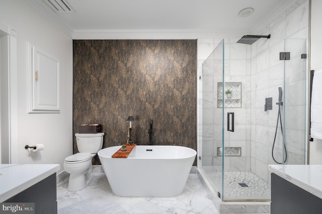 full bathroom featuring crown molding, vanity, marble finish floor, a shower stall, and a soaking tub