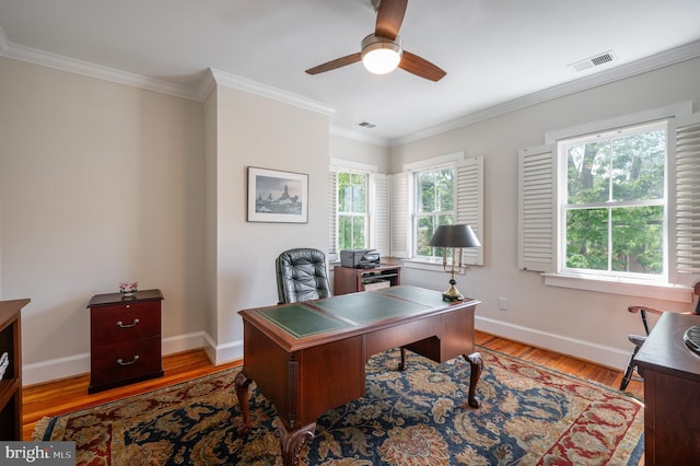 office with baseboards, ceiling fan, a wealth of natural light, and light wood-type flooring