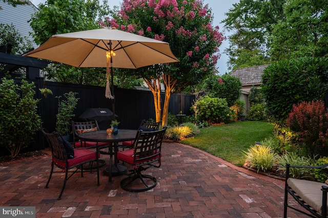 view of patio / terrace with a fenced backyard, outdoor dining area, and grilling area