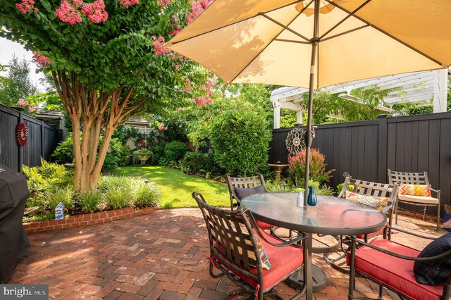view of patio featuring a fenced backyard and outdoor dining space