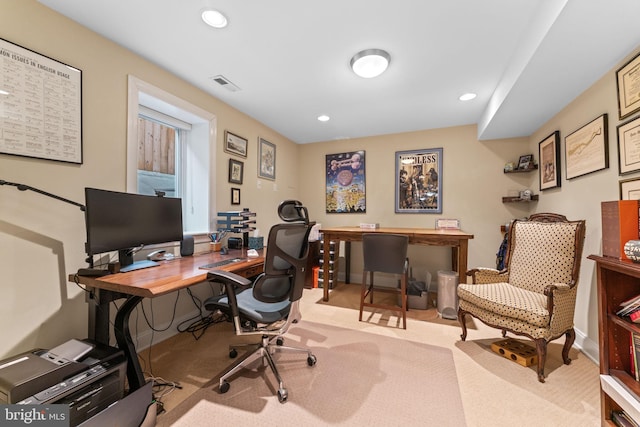 office area featuring recessed lighting, carpet flooring, visible vents, and baseboards