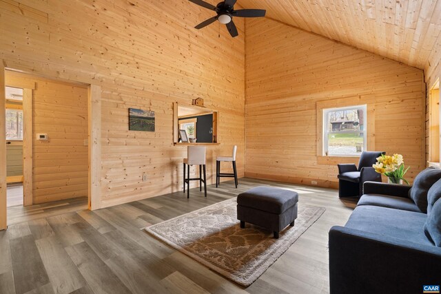 136 Wildwood Ln, Shenandoah, VA 22849 - living area featuring a ceiling fan, wood walls, high vaulted ceiling, wood ceiling, and wood finished floors