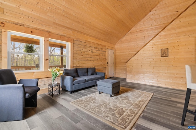 136 Wildwood Ln, Shenandoah, VA 22849 - living area featuring wooden walls, wood finished floors, vaulted ceiling, and wood ceiling