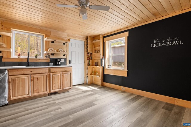 136 Wildwood Ln, Shenandoah, VA 22849 - kitchen with a ceiling fan, open shelves, wood ceiling, light countertops, and a sink
