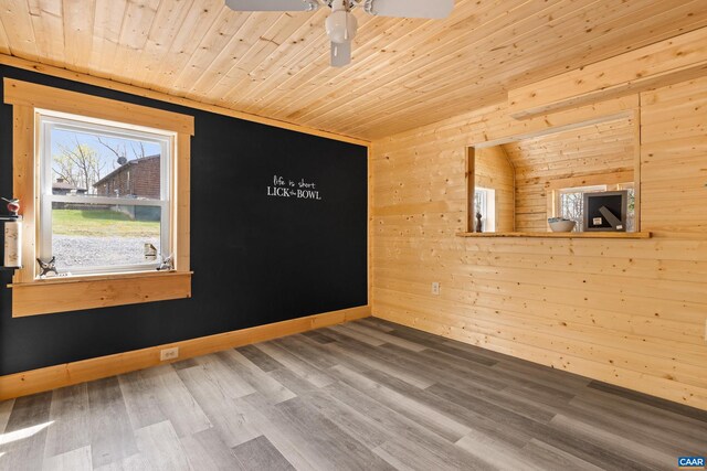 136 Wildwood Ln, Shenandoah, VA 22849 - empty room featuring wooden walls, wood ceiling, a ceiling fan, and wood finished floors