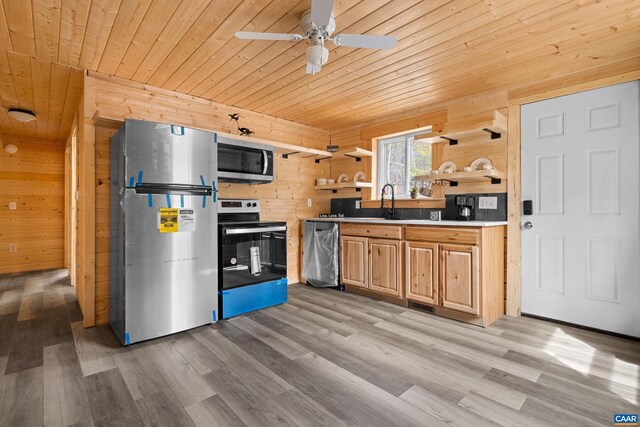 136 Wildwood Ln, Shenandoah, VA 22849 - kitchen featuring wood walls, appliances with stainless steel finishes, open shelves, and wood ceiling