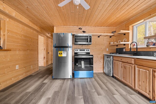 136 Wildwood Ln, Shenandoah, VA 22849 - kitchen featuring wood walls, appliances with stainless steel finishes, wooden ceiling, and open shelves