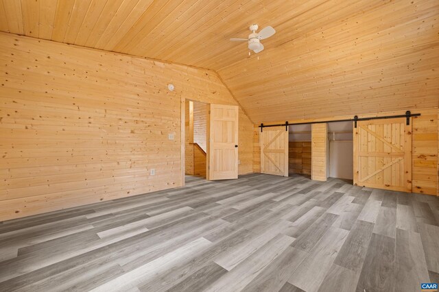 136 Wildwood Ln, Shenandoah, VA 22849 - bonus room featuring a barn door, wood ceiling, wood finished floors, vaulted ceiling, and wood walls