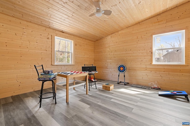 136 Wildwood Ln, Shenandoah, VA 22849 - interior space with vaulted ceiling, a ceiling fan, wood walls, wooden ceiling, and wood finished floors
