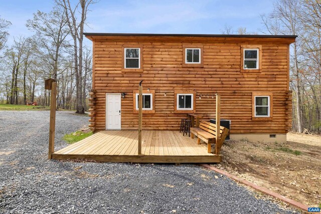 136 Wildwood Ln, Shenandoah, VA 22849 - rear view of property with crawl space, a wooden deck, and log exterior