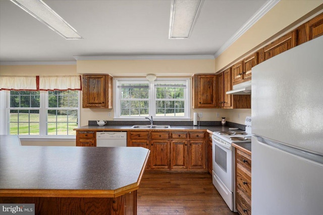 kitchen with a sink, dark countertops, white appliances, and crown molding