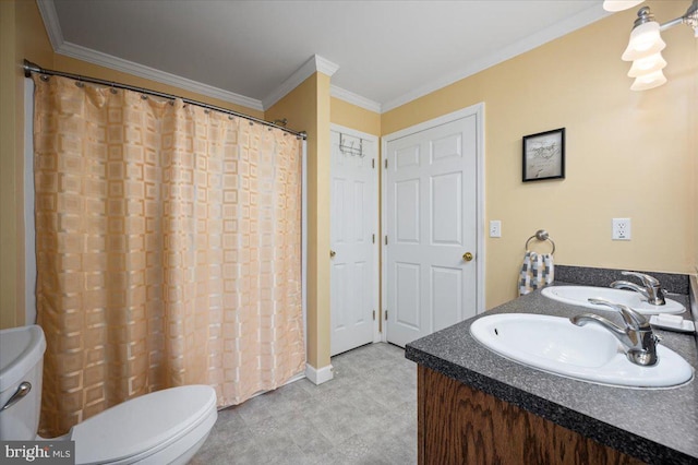 full bathroom featuring a sink, ornamental molding, toilet, and tile patterned floors