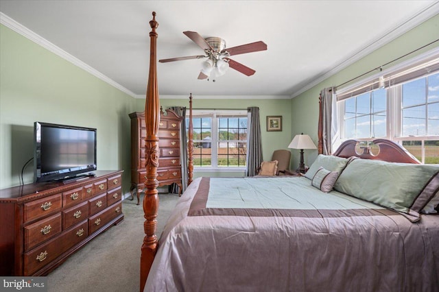 bedroom featuring crown molding, a ceiling fan, and carpet
