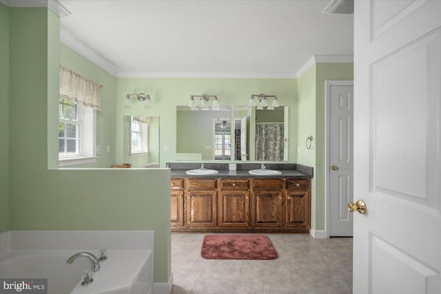 full bath featuring double vanity, a bath, a sink, and ornamental molding