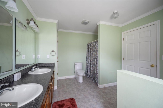 bathroom with tile patterned floors, visible vents, a sink, and crown molding