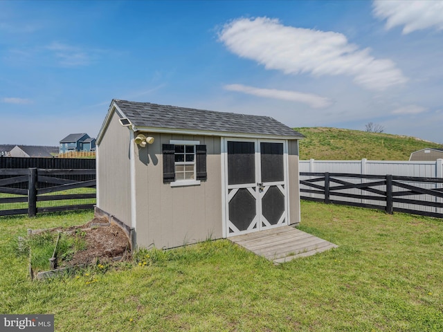 view of shed with a fenced backyard