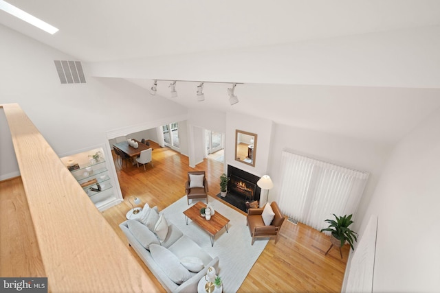 1925 Upper Lake Dr, Reston, VA 20191 - living room featuring track lighting, lofted ceiling, wood finished floors, and a lit fireplace