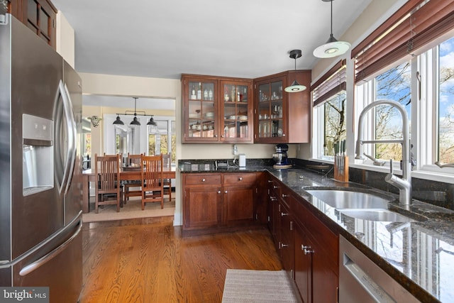 2984 N Sugan Rd, New Hope, PA 18938 - kitchen featuring appliances with stainless steel finishes, dark wood-type flooring, pendant lighting, and a sink
