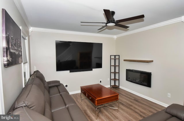 living area featuring ceiling fan, a glass covered fireplace, ornamental molding, and wood finished floors
