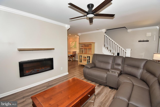 living area with a ceiling fan, a glass covered fireplace, ornamental molding, and wood finished floors