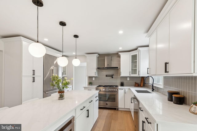 kitchen with wall chimney exhaust hood, decorative backsplash, premium appliances, and a sink