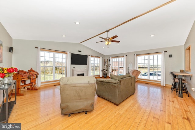 17449 Irishtown Rd, Emmitsburg, MD 21727 - living area with light wood-type flooring, ceiling fan, lofted ceiling, and a wealth of natural light