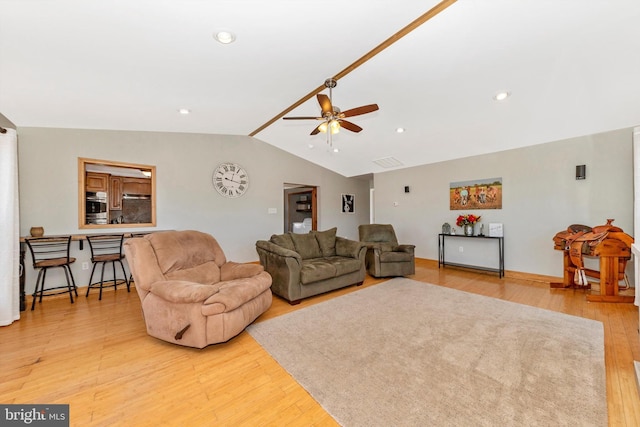 17449 Irishtown Rd, Emmitsburg, MD 21727 - living room featuring baseboards, a ceiling fan, recessed lighting, light wood-style flooring, and lofted ceiling