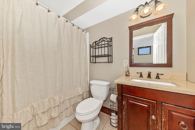 17449 Irishtown Rd, Emmitsburg, MD 21727 - bathroom featuring a shower with shower curtain, vanity, baseboards, tile patterned floors, and toilet