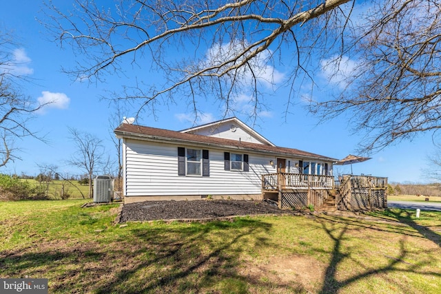 17449 Irishtown Rd, Emmitsburg, MD 21727 - view of front of property with stairs, a deck, central air condition unit, and a front lawn