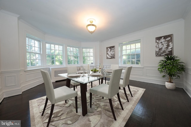 723 S Latches Ln, Merion Station, PA 19066 - dining room with healthy amount of natural light, wood-type flooring, ornamental molding, a wainscoted wall, and a decorative wall