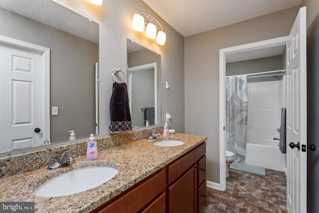 bathroom with toilet, shower / tub combo, double vanity, and a sink