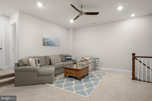 living room with ceiling fan, carpet, recessed lighting, and baseboards