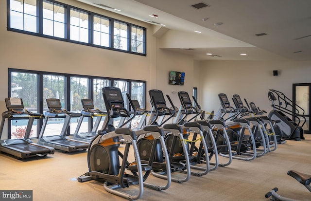 workout area featuring carpet flooring, healthy amount of natural light, a towering ceiling, and recessed lighting
