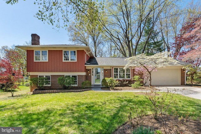 910 W Country Club Dr, Purcellville, VA 20132 - split level home featuring a chimney, a front lawn, concrete driveway, brick siding, and a garage