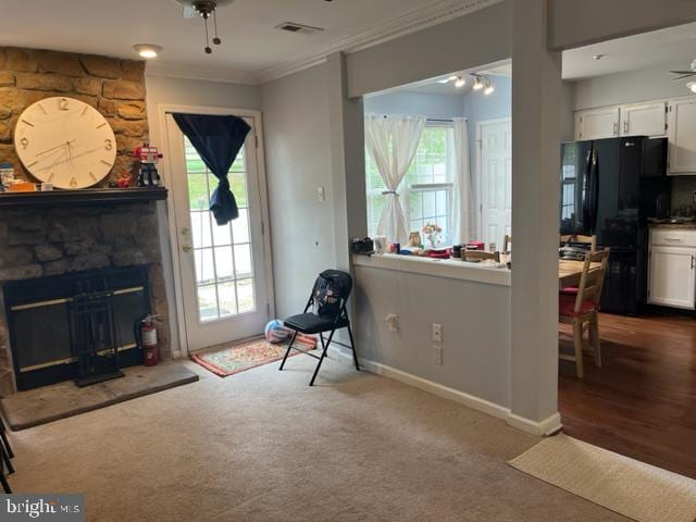 302 Weston Ln Unit 23, New Hope, PA 18938 - sitting room with healthy amount of natural light, a ceiling fan, ornamental molding, baseboards, and carpet flooring