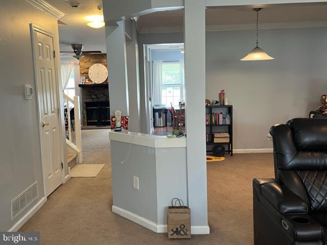 302 Weston Ln Unit 23, New Hope, PA 18938 - kitchen with ornamental molding, ceiling fan, carpet flooring, baseboards, and a fireplace