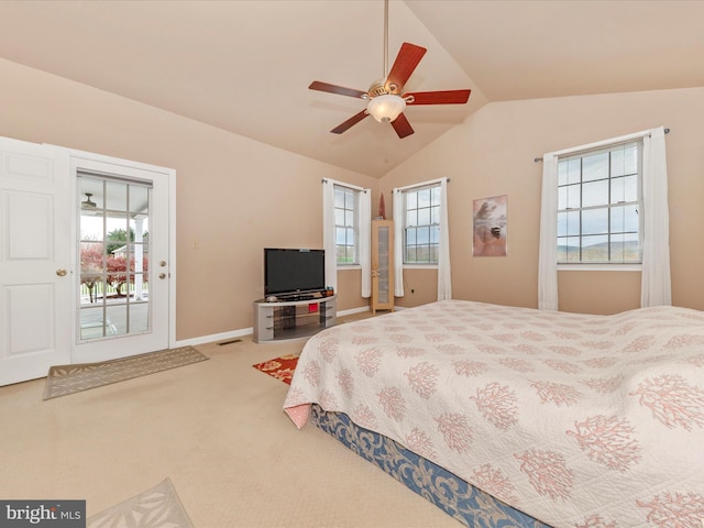 bedroom with vaulted ceiling, access to exterior, a ceiling fan, visible vents, and carpet floors