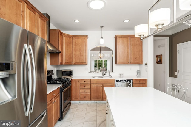 29 Sparrow Dr, Hamilton, NJ 08690 - kitchen featuring wall chimney range hood, marble finish floor, light countertops, a sink, and stainless steel appliances